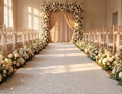 White glitter carpet wedding aisle runner lined with full floral arrangements leading to a floral arch