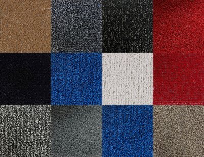 Grid of event turf colors in reds, blues, blacks, greys and naturals