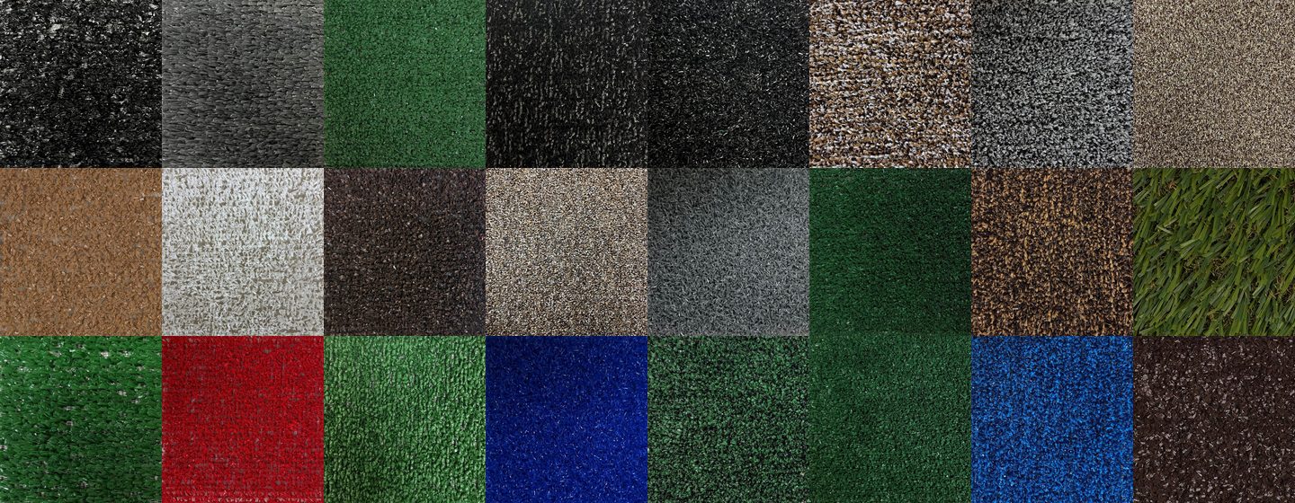 Grid of event turf colors including greens, team blues, reds, greys and naturals